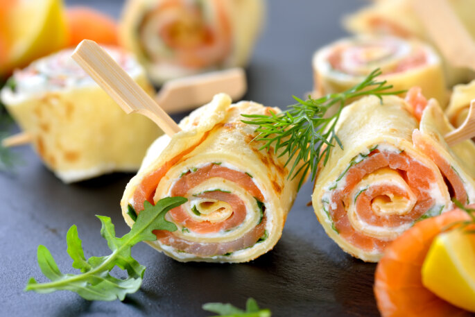 Rolls,Of,Thin,Pancakes,With,Smoked,Salmon,,Horseradish,Cream,Cheese